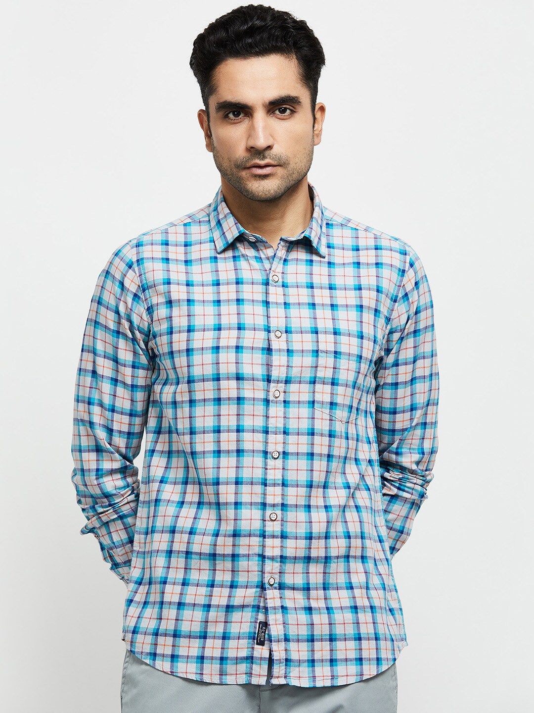 

max Men Turquoise Blue Regular Fit Checked Pure Cotton Casual Shirt