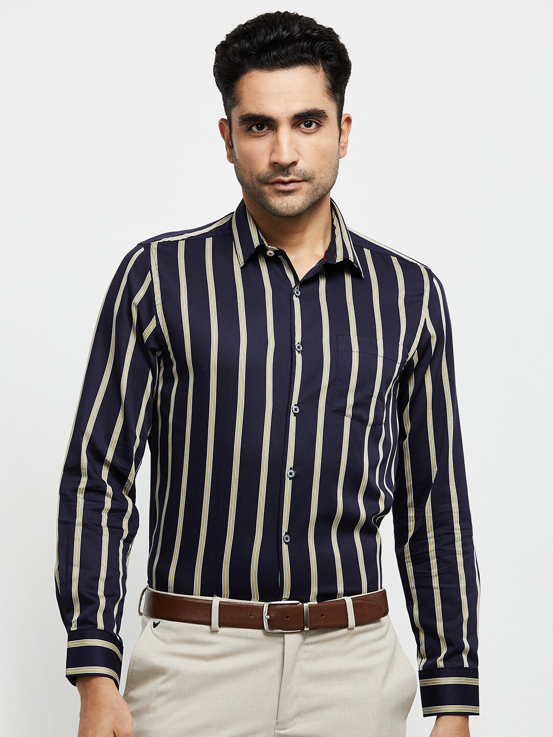 

max Men Navy Blue Striped Cotton Casual Shirt