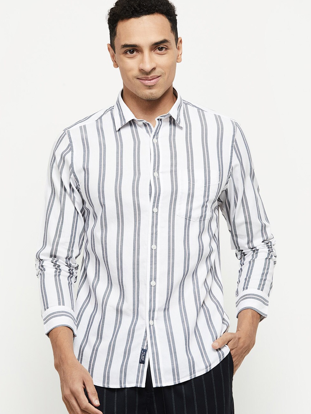

max Men White & Grey Striped Cotton Casual Shirt