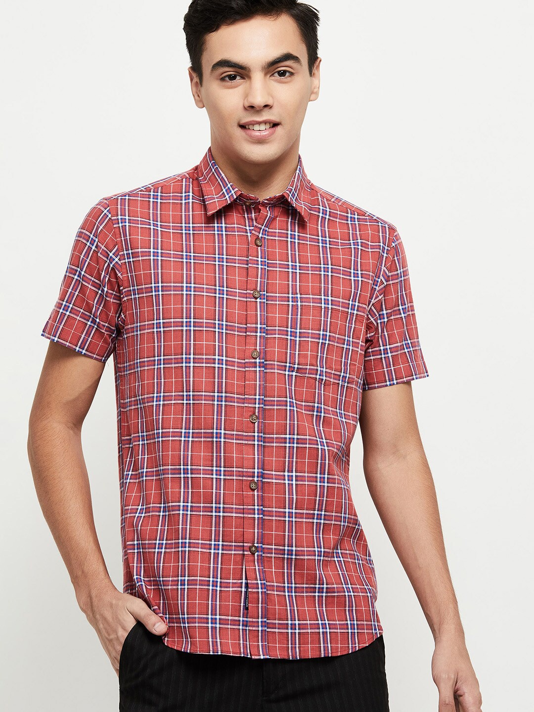 

max Men Red Tartan Checks Checked Cotton Casual Shirt