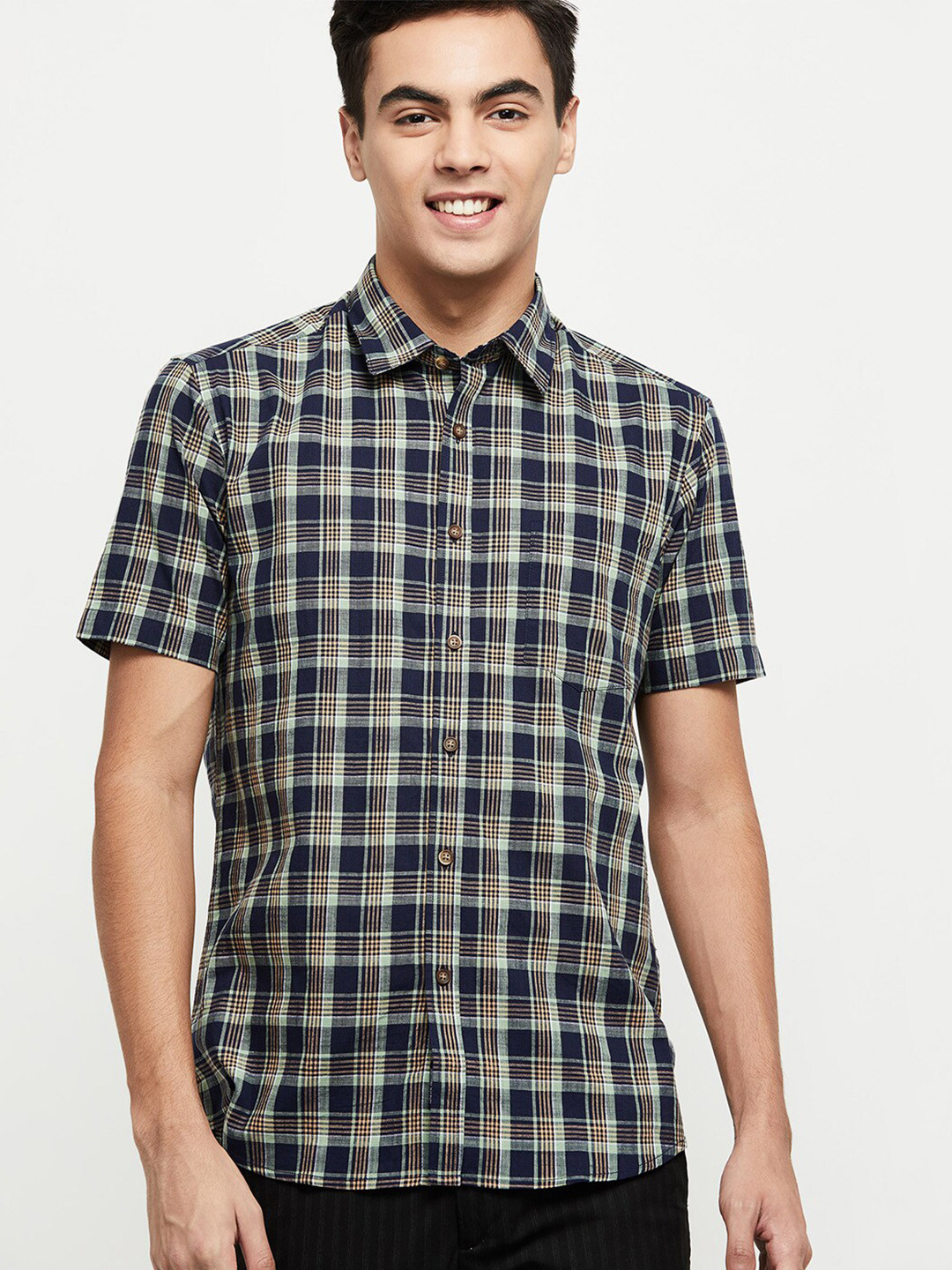 

max Men Navy Blue & Grey Cotton Tartan Checked Casual Shirt