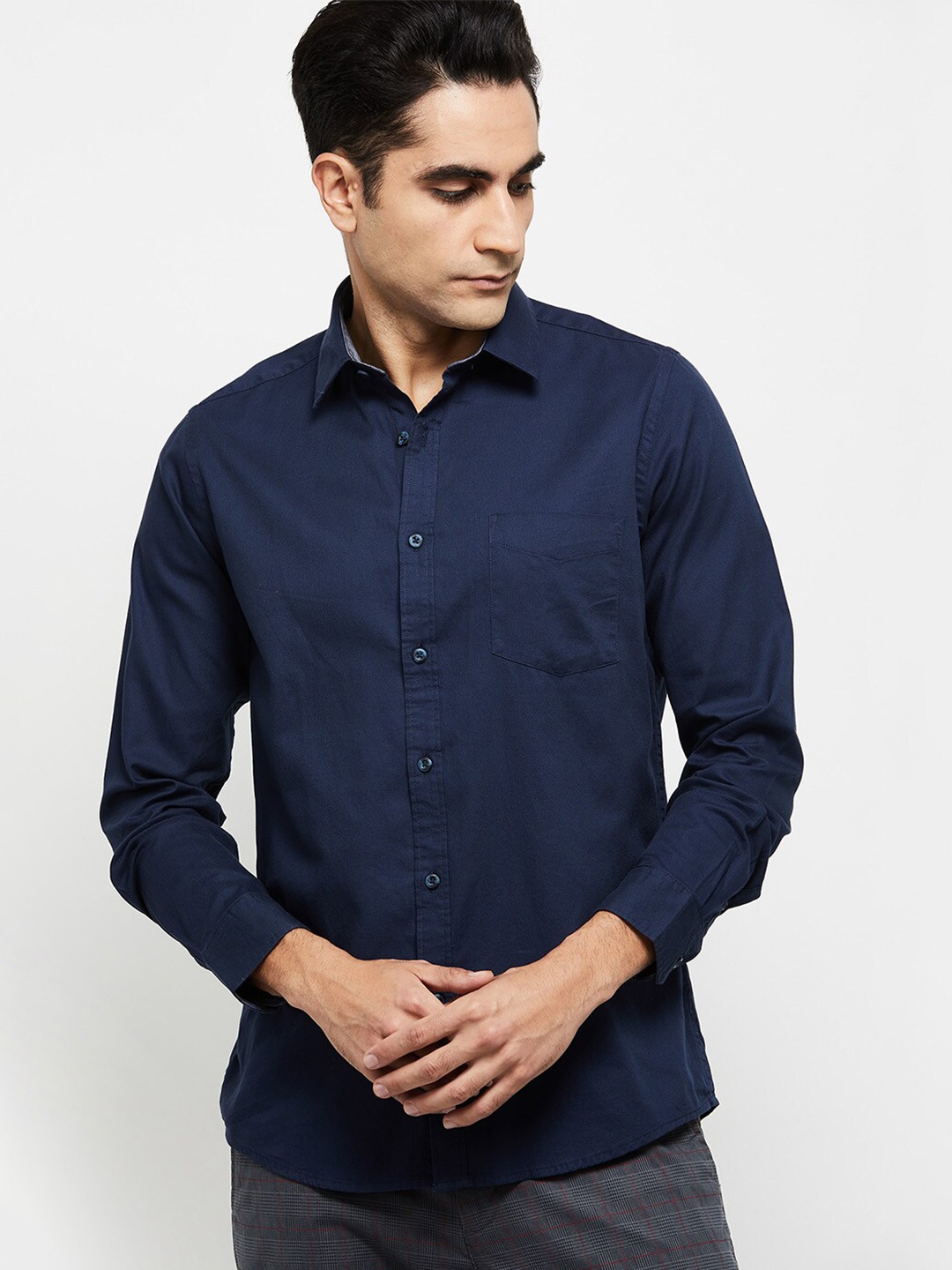 

max Men Navy Blue Casual Cotton Shirt