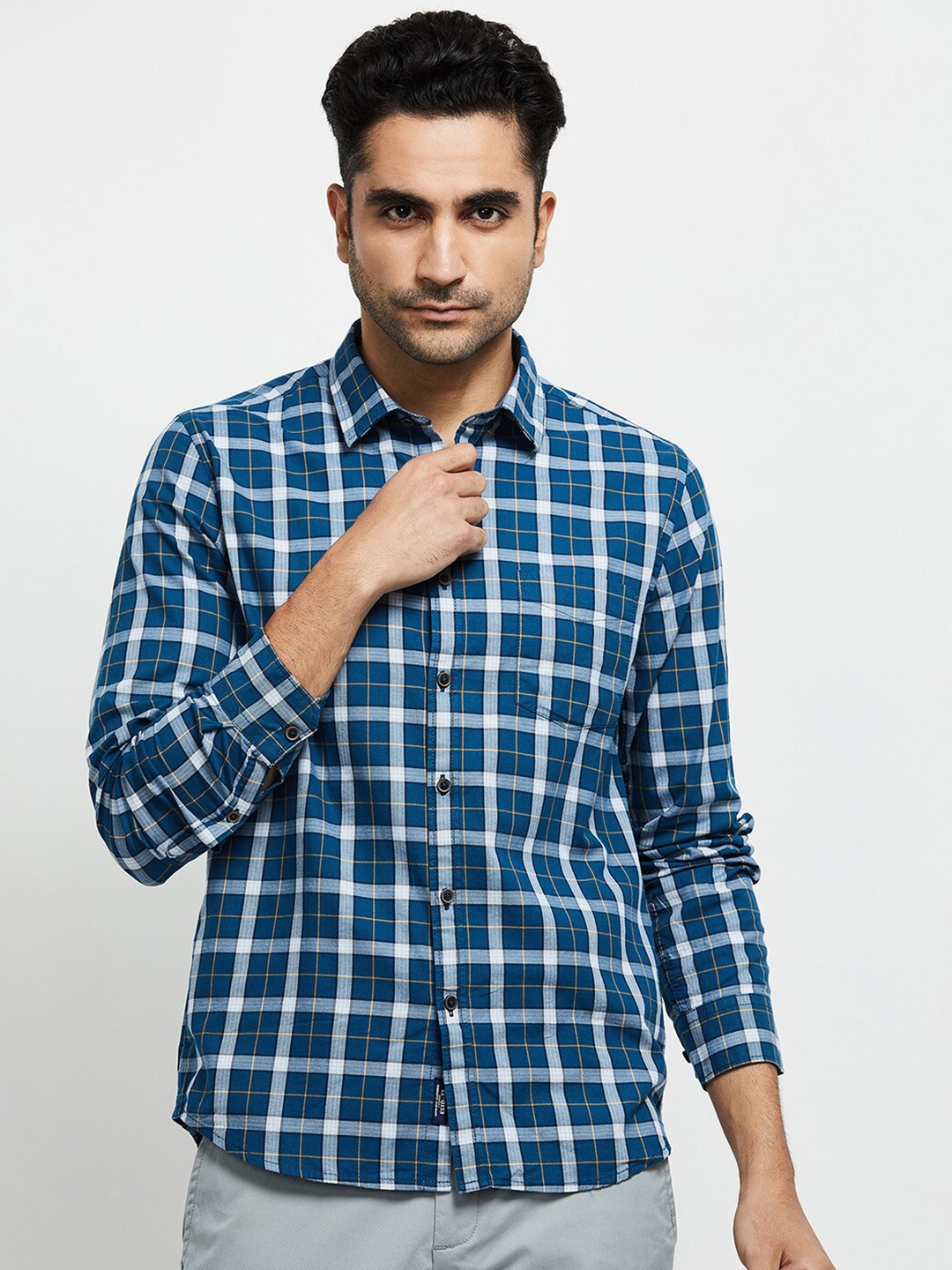 

max Men Blue Tartan Checks Checked Pure Cotton Casual Shirt