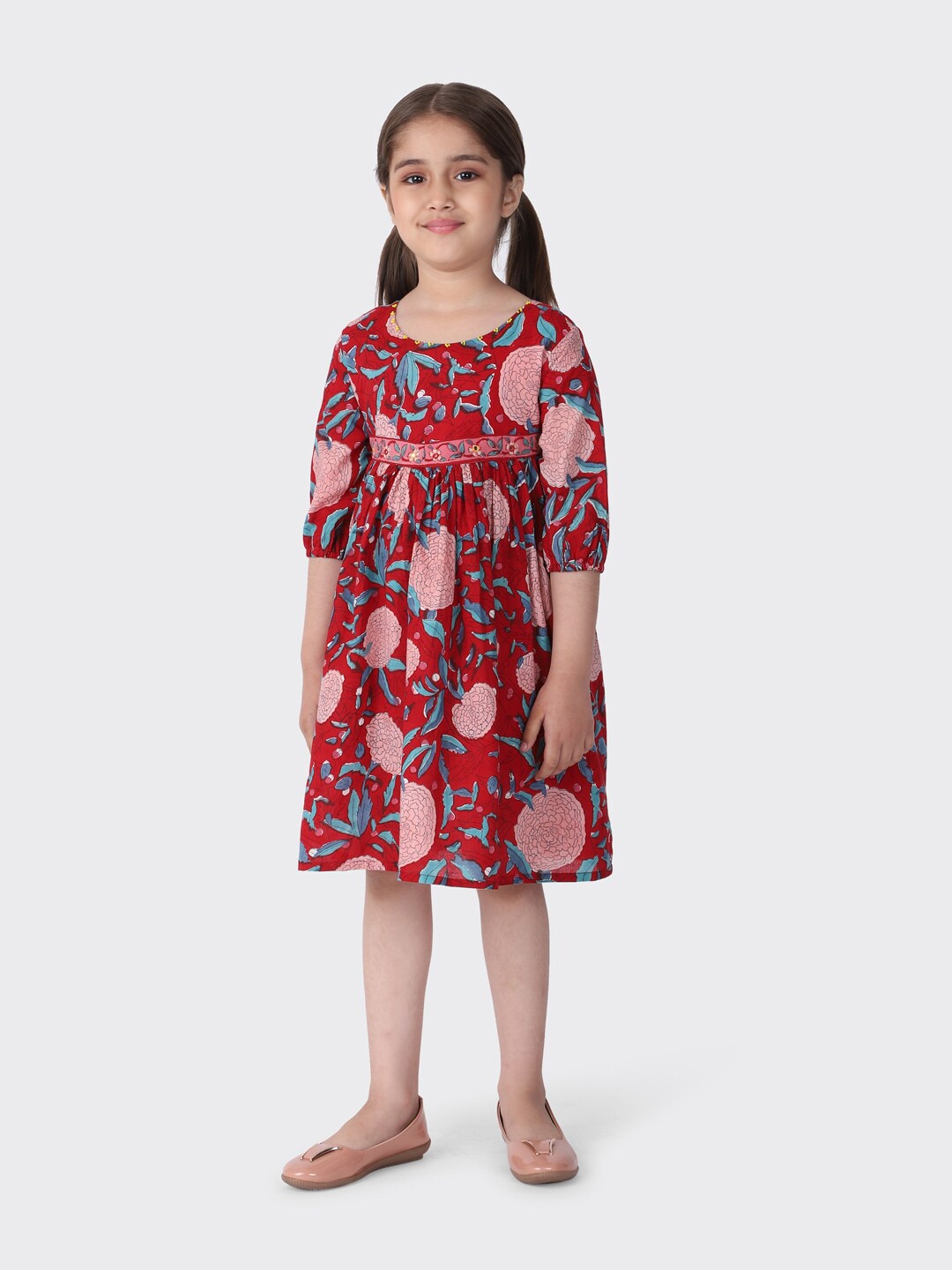 

Fabindia Red Floral A-Line Dress
