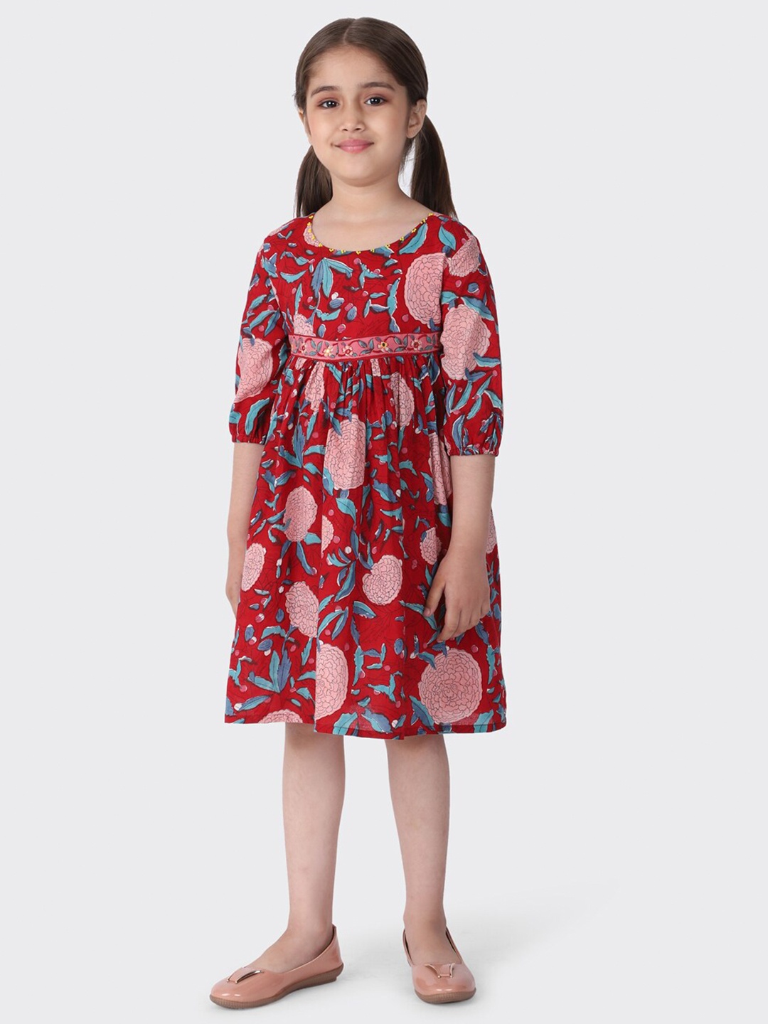 

Fabindia Red & Pink Floral A-Line Dress