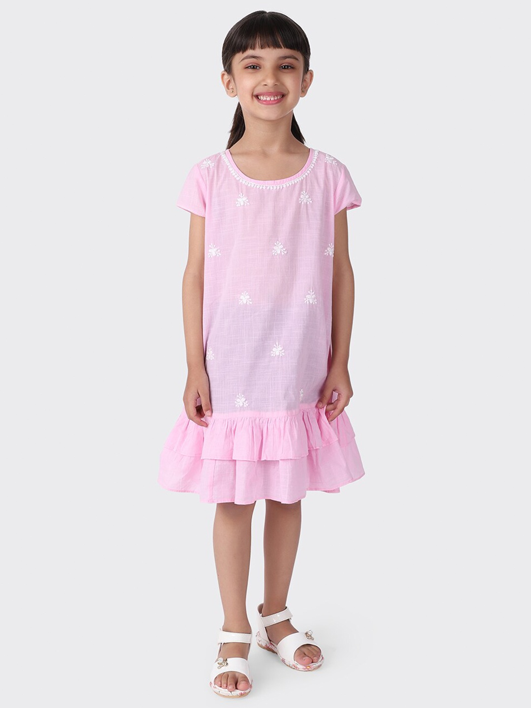 

Fabindia Girls White & Pink Floral Round Neck Cotton Drop-Waist Dress