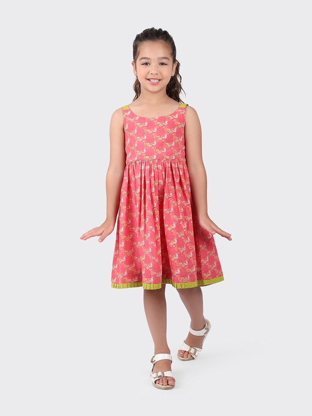 

Fabindia Pink & White Printed Shoulder Straps Cotton Fit & Flare Dress