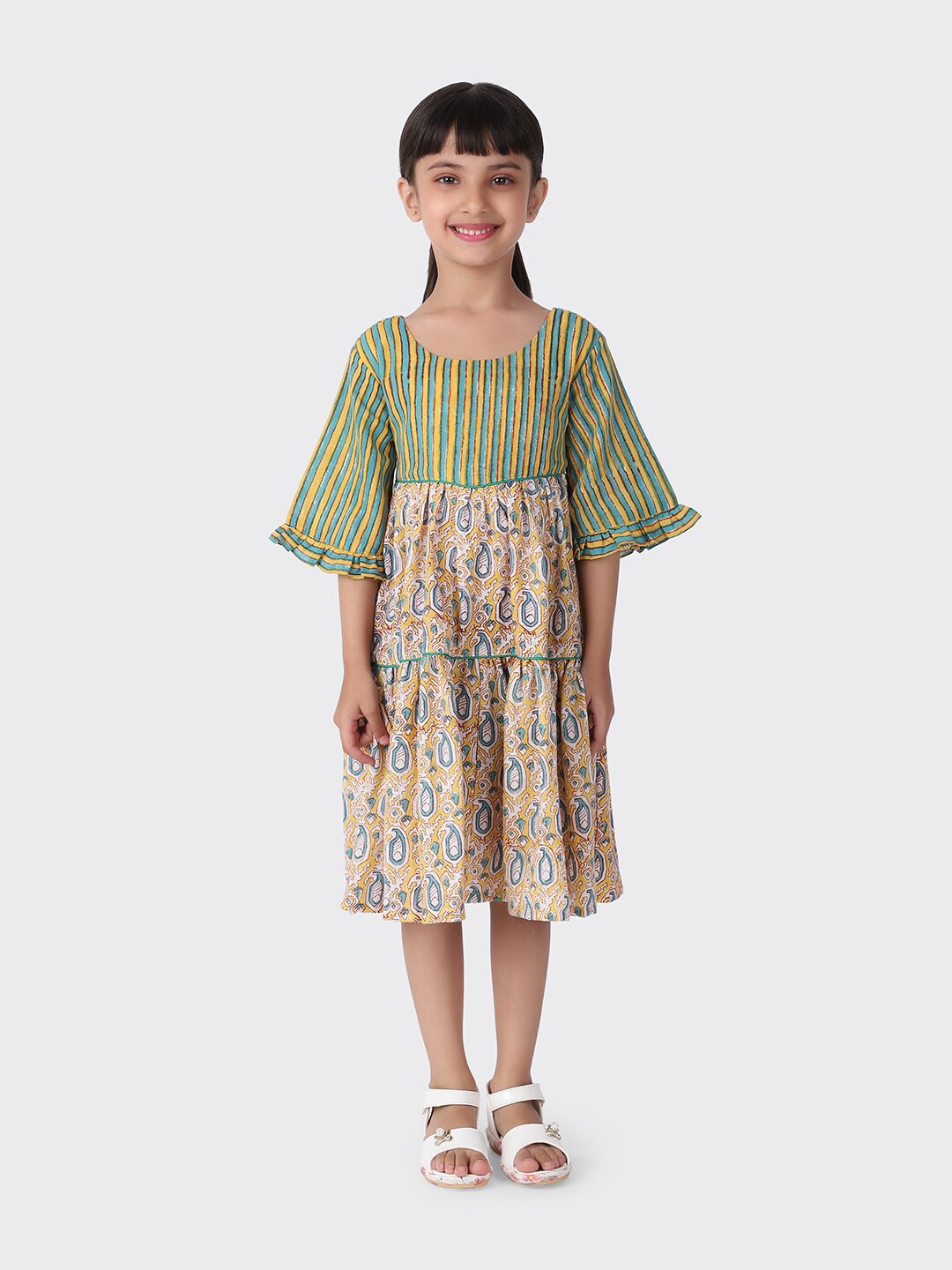 

Fabindia Girls Yellow & Blue Ethnic Motifs A-Line Cotton Midi Dress