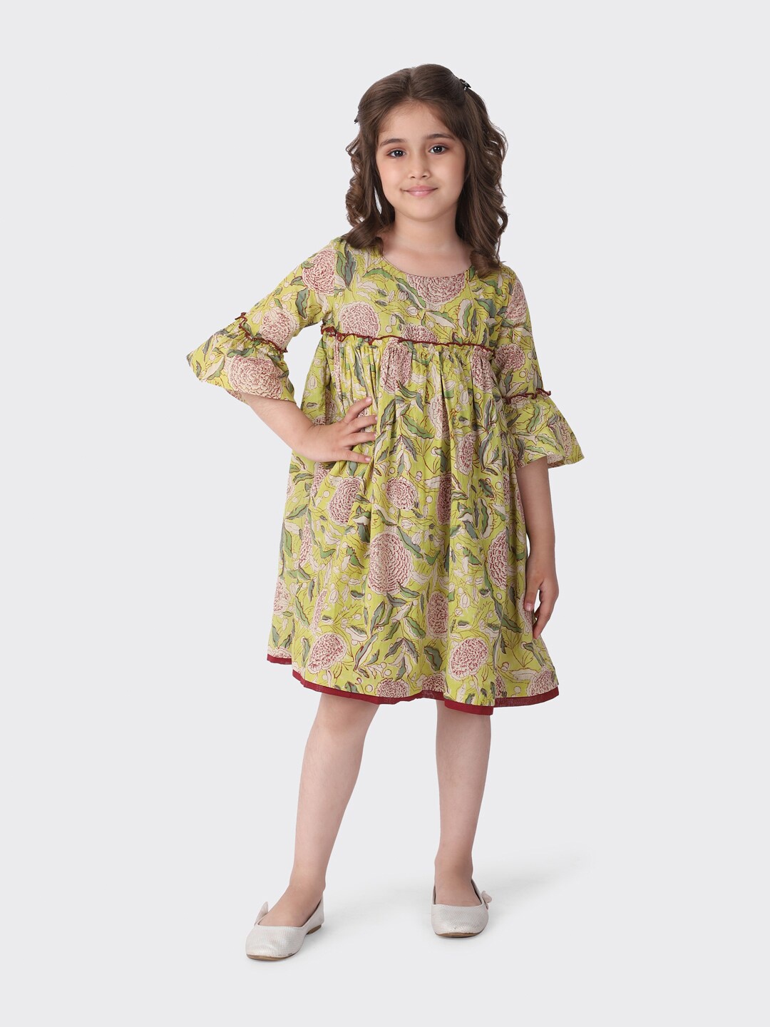 

Fabindia Green & Maroon Floral Cotton A-Line Dress