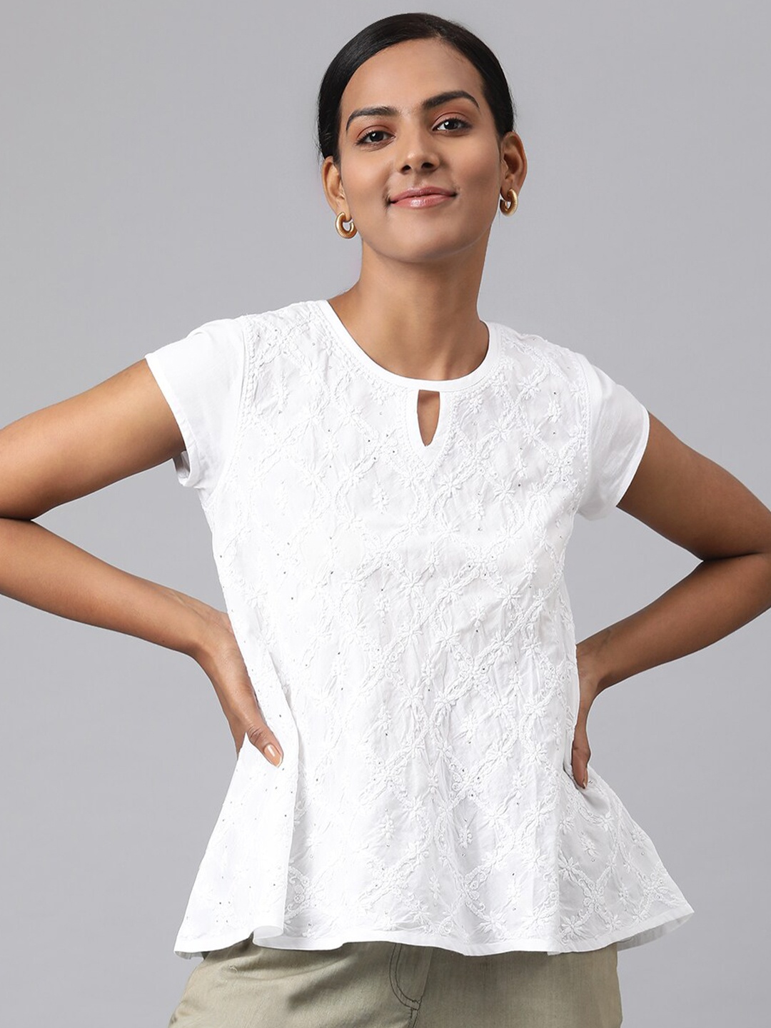 

Fabindia White Keyhole Neck Pure Cotton Top