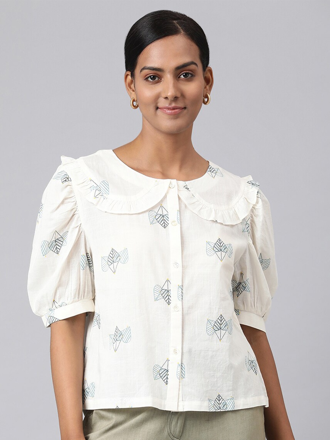 

Fabindia White Floral Print Peter Pan Collar Ruffles Top