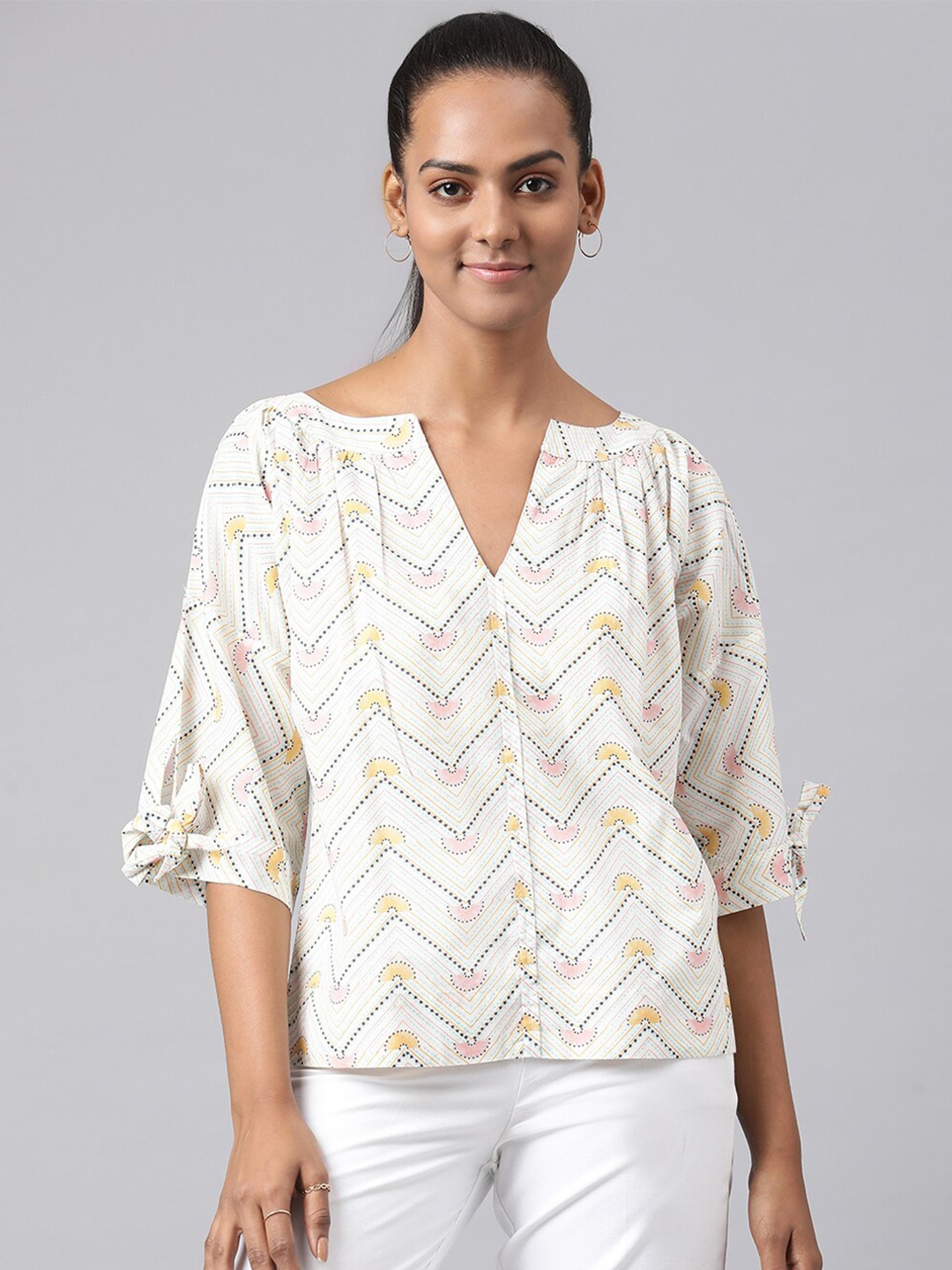 

Fabindia Yellow & White Print Cotton Top