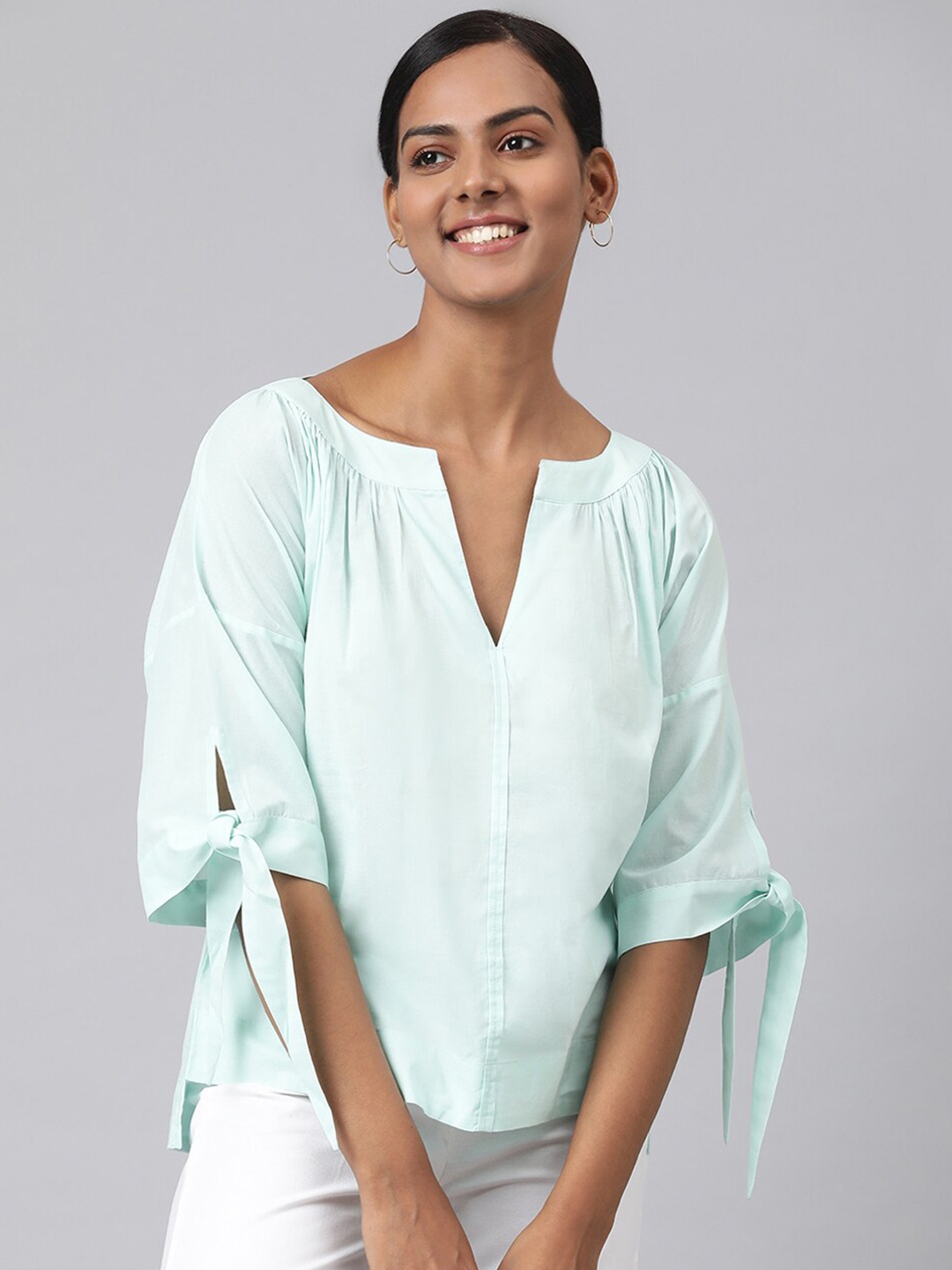 

Fabindia Turquoise Blue Drop-Shoulder Sleeves Pure Cotton Top