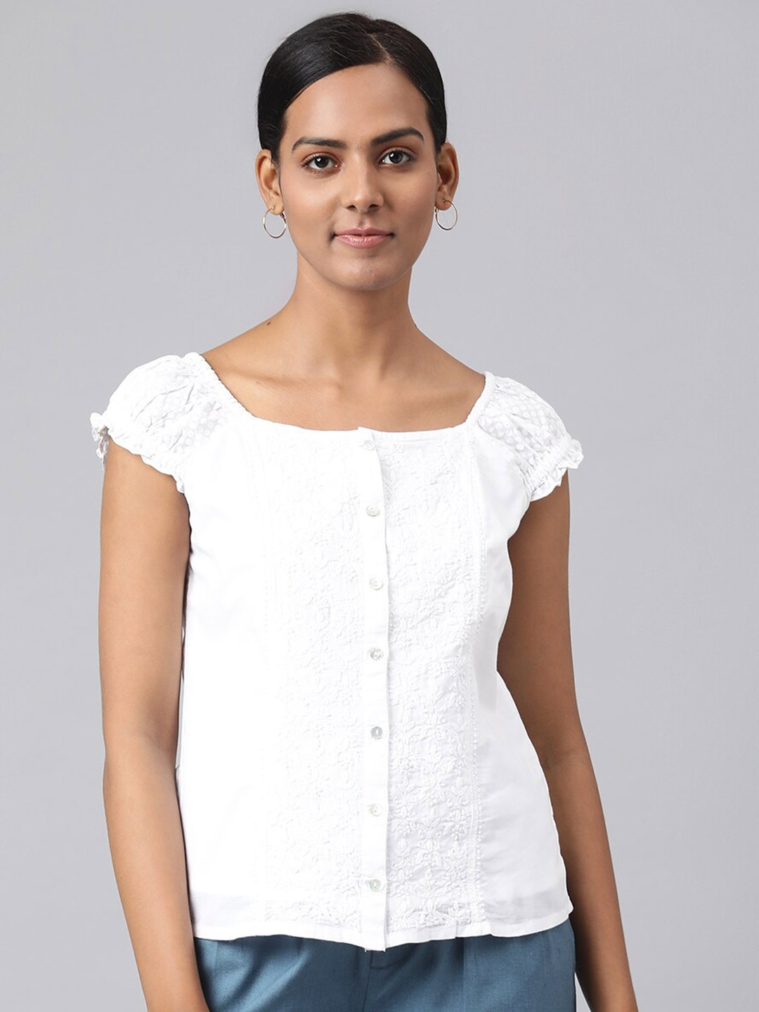 

Fabindia White Embroidered Pure Cotton Top