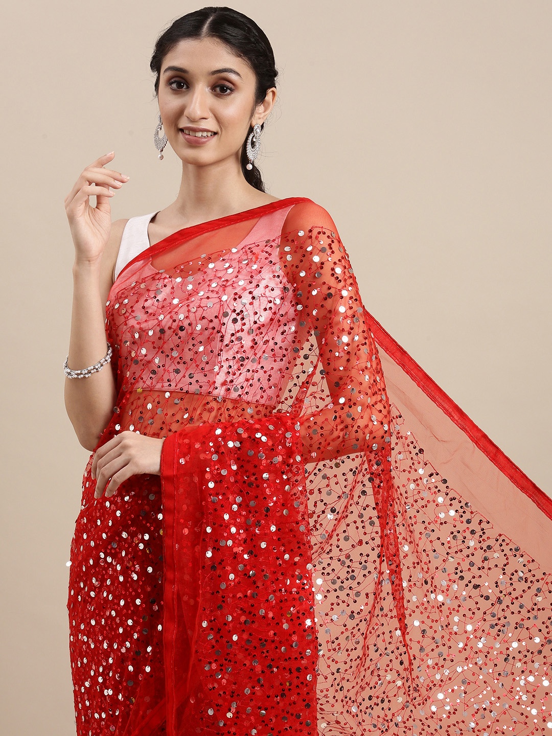 

VASTRANAND Red Embellished Sequinned Net Saree