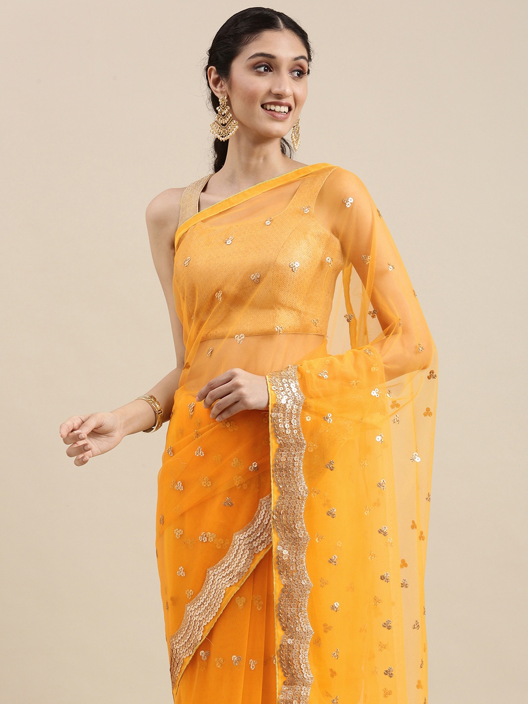 

VASTRANAND Yellow Sequinned Net Saree