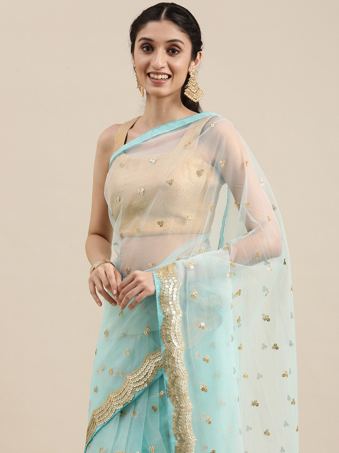 

VASTRANAND Blue Sequinned Net Saree