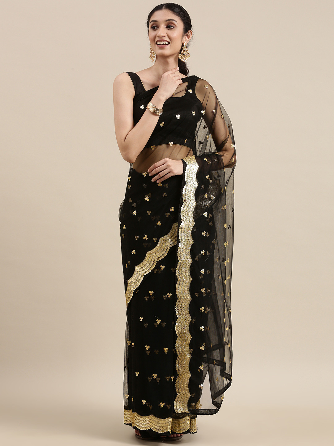 

VASTRANAND Black Sequinned Net Saree