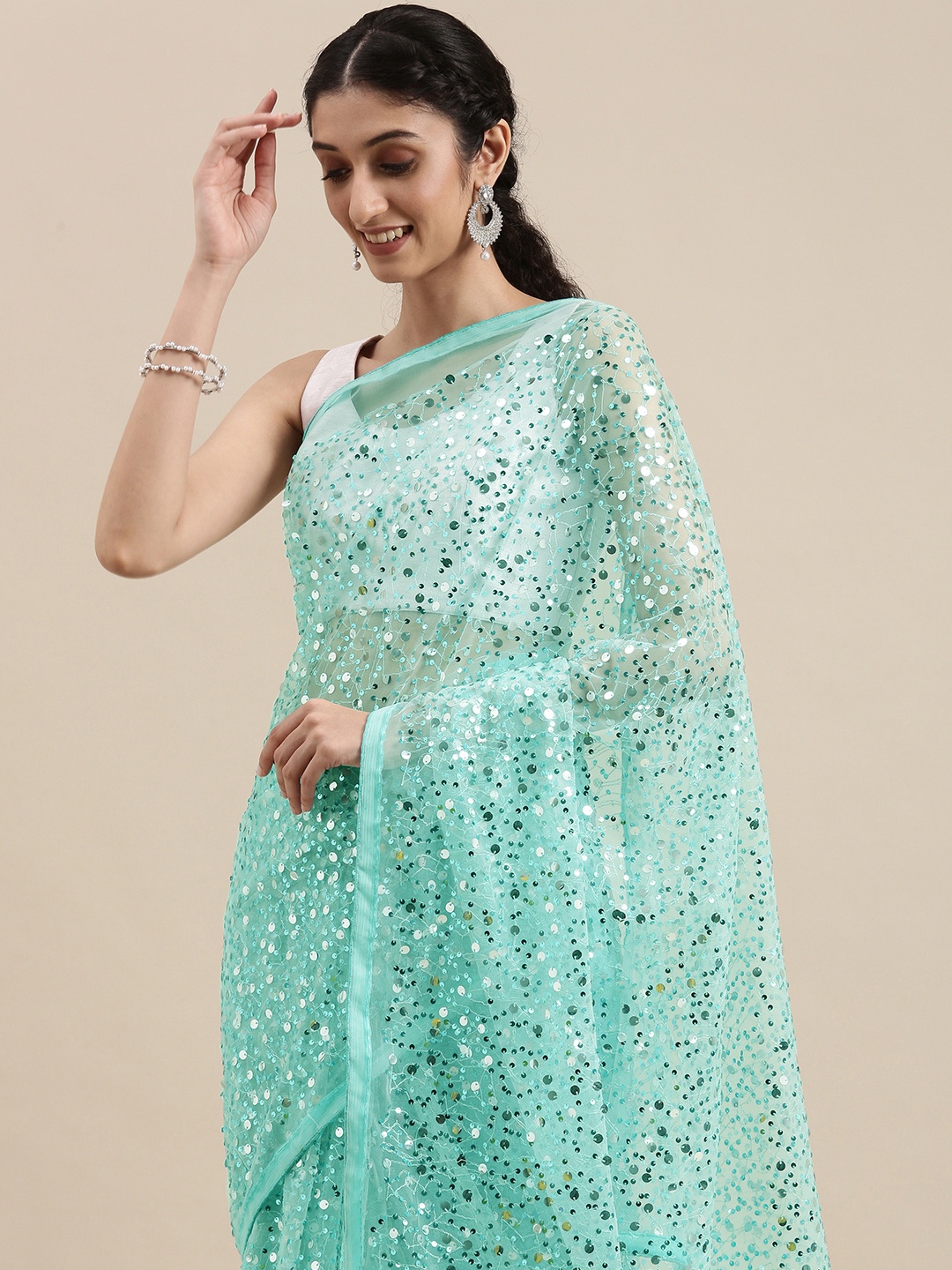 

VASTRANAND Sea Green Embellished Sequinned Net Saree