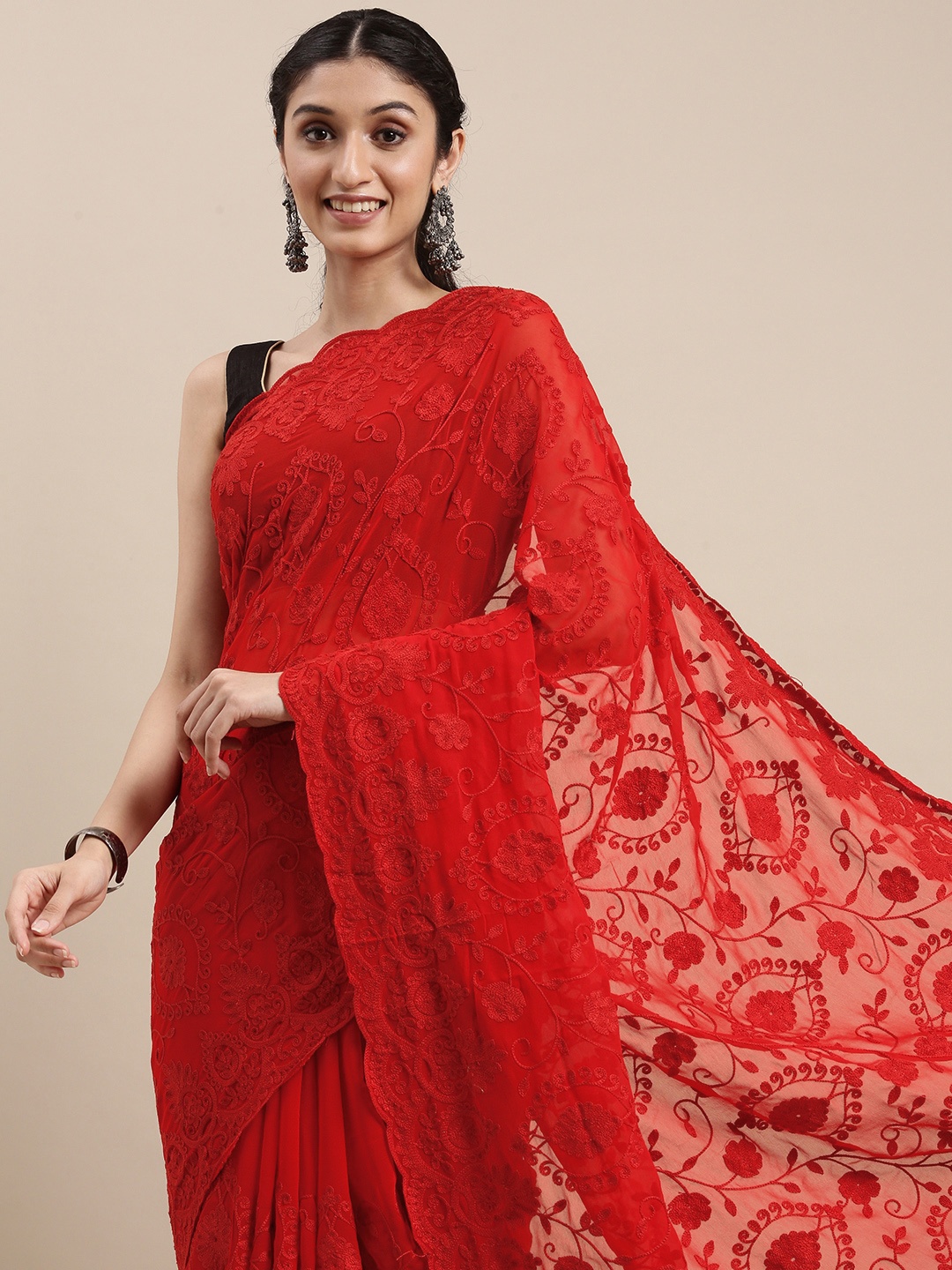 

VASTRANAND Red Ethnic Motifs Jaali Saree