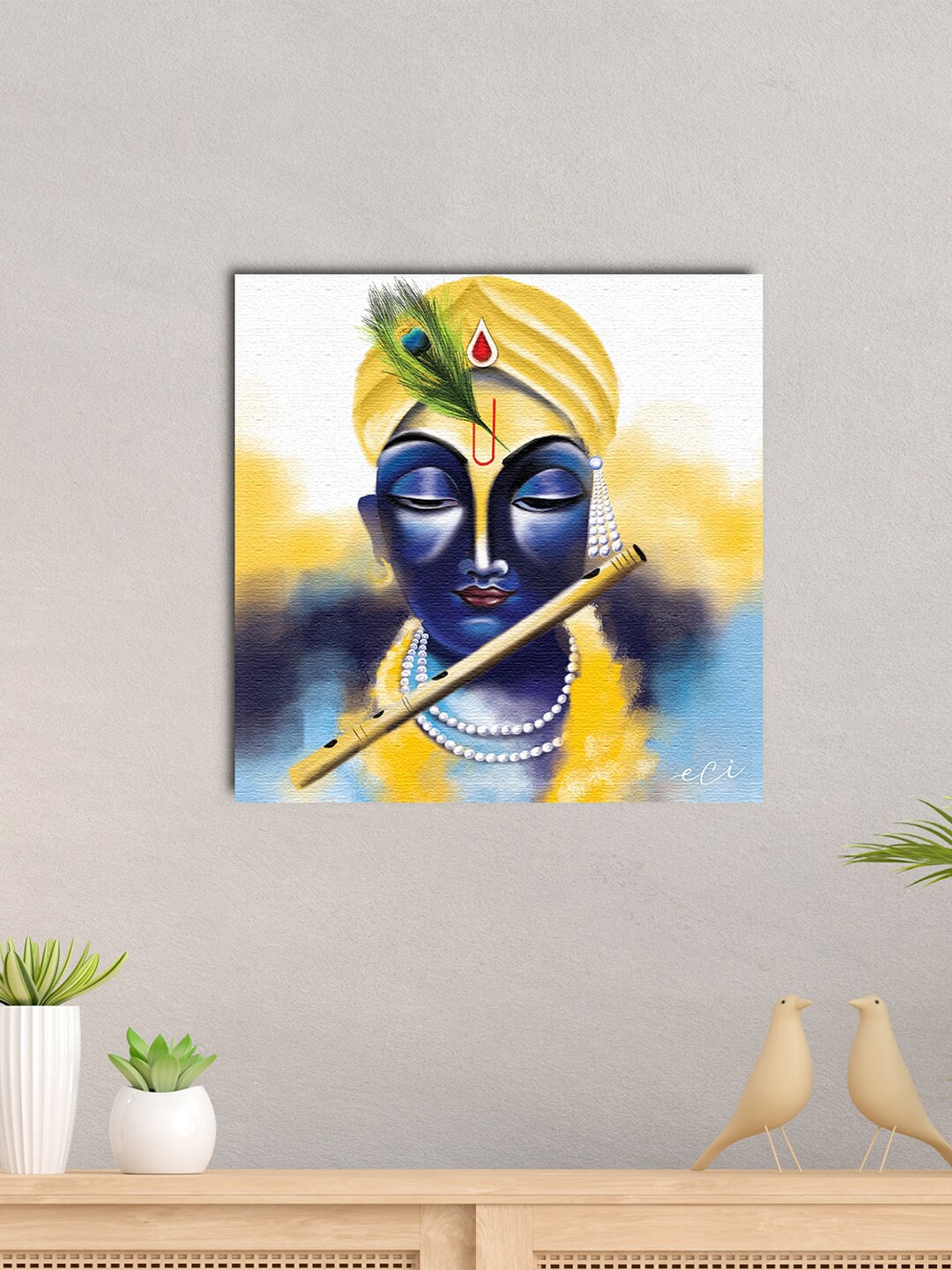 

eCraftIndia Blue & Yellow Lord Krishna Canvas Painting Wall Art