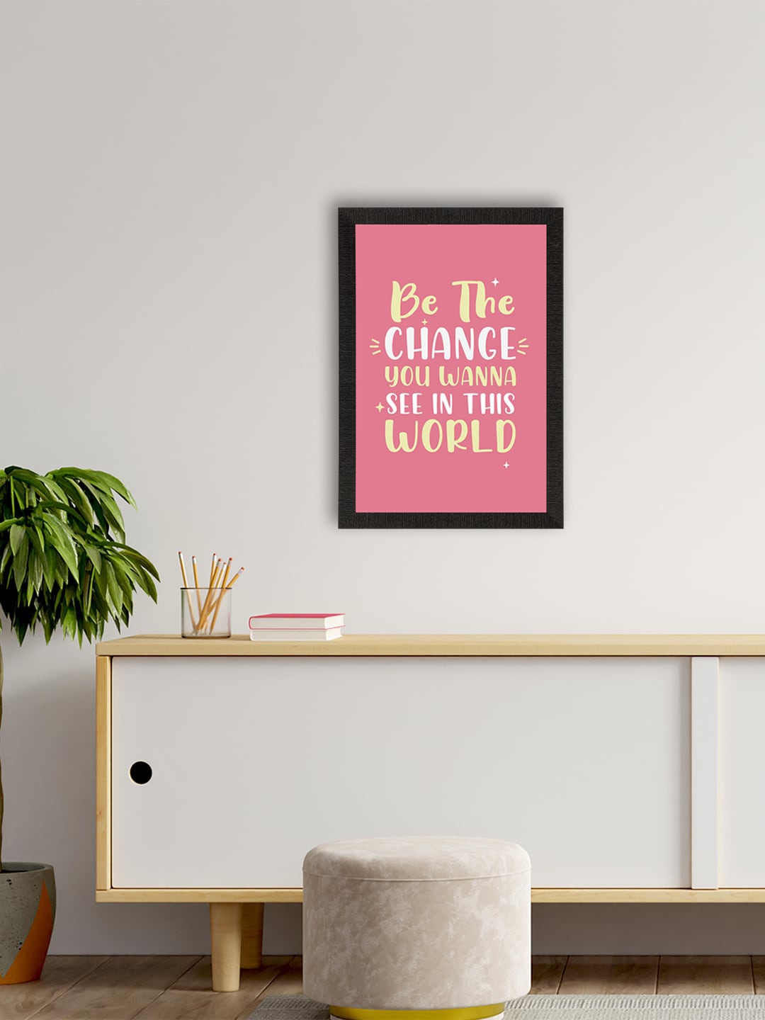 

eCraftIndia Pink & Yellow "Be the Change" Motivational Quote Satin Matt Texture UV Art Wall Painting, Multi