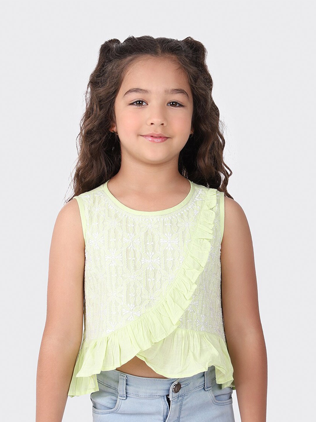 

Fabindia Girls Lime Green Embroidered Ruffled Pure Cotton Top