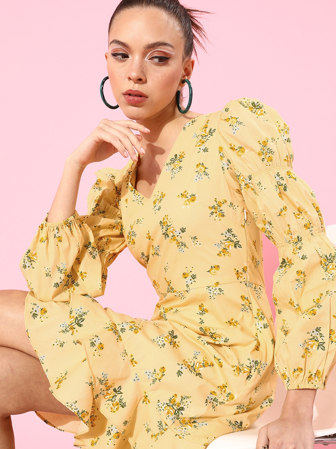 

Zink London Women Bright Yellow Floral Feminine Frills Dress
