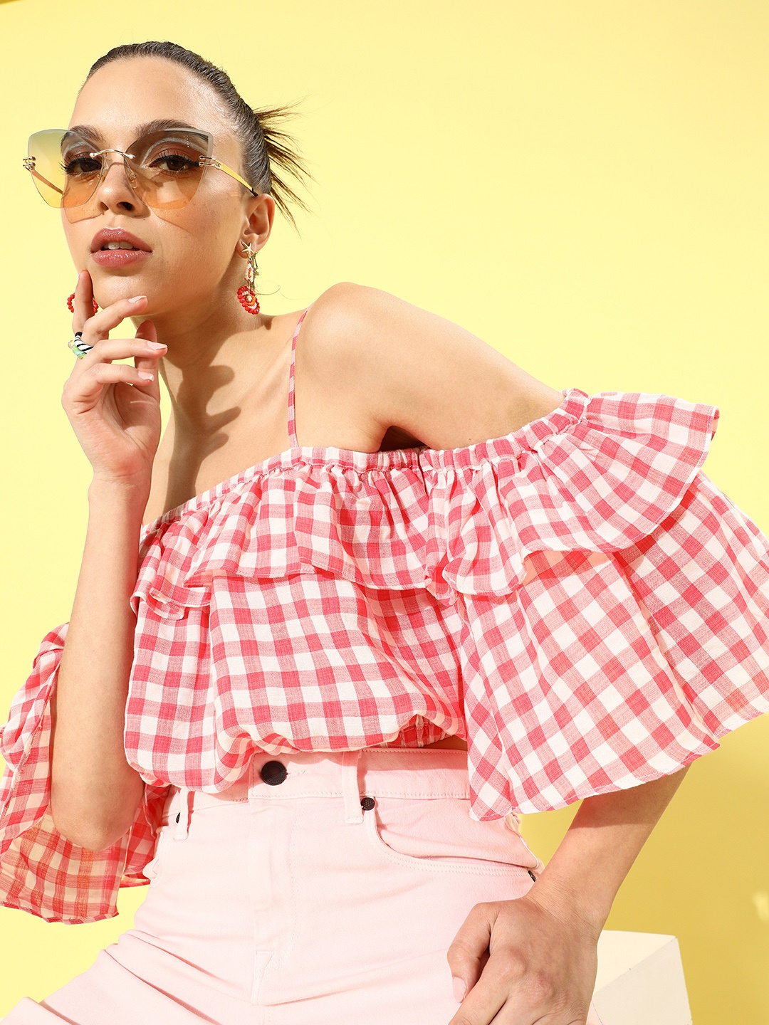 

Zink London Women Gorgeous Red Checked Volume Play Top