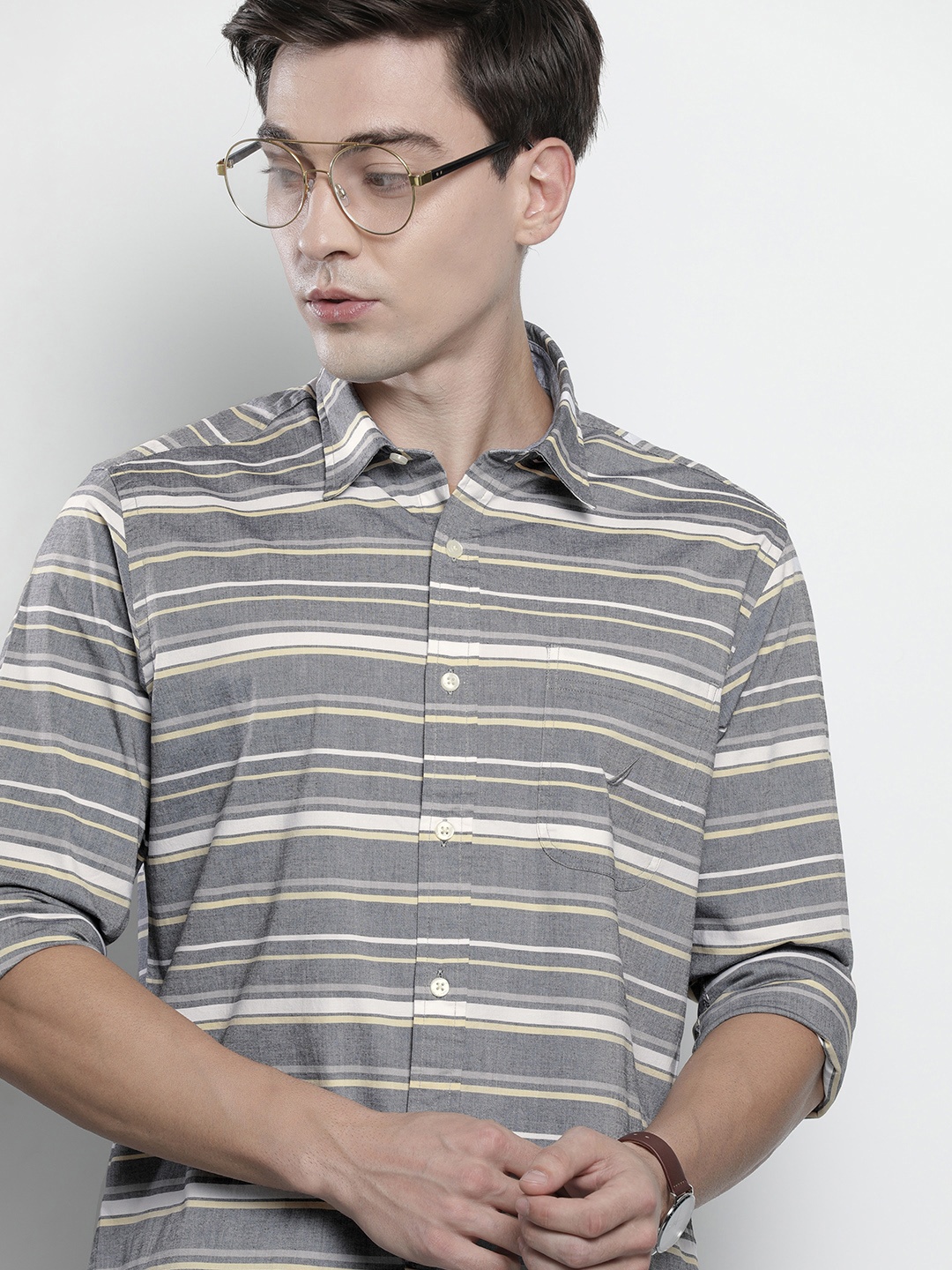 

Nautica Men Grey & White Horizontal Striped Casual Shirt