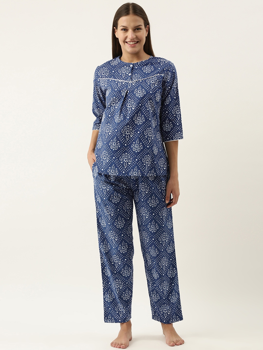 

SANSKRUTIHOMES Women Navy Blue & White Printed Cotton Night suit