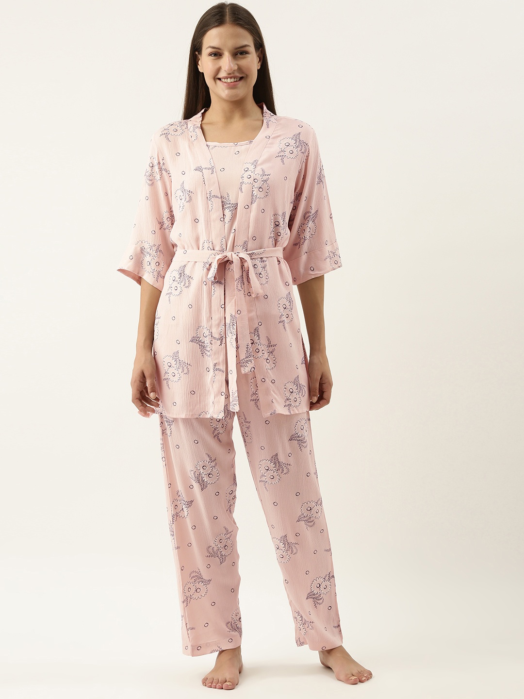 

SANSKRUTIHOMES Women Pink Printed Cotton Night suit With Robe