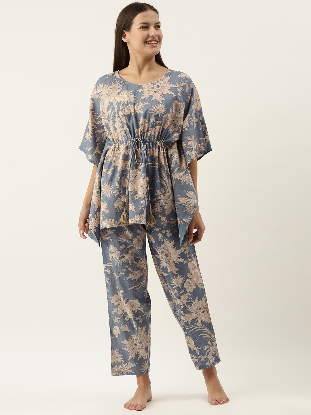 

SANSKRUTIHOMES Women Blue & Beige Printed Cotton Night suit