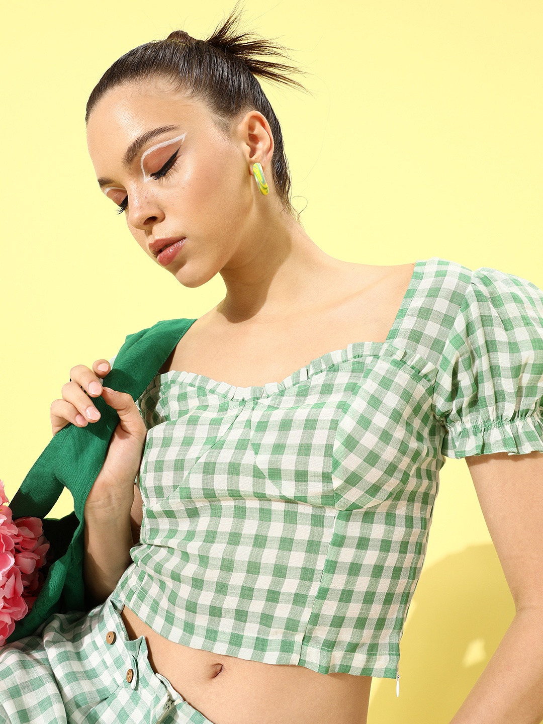 

Zink London Women Gorgeous Green Checked Summer Gingham Top