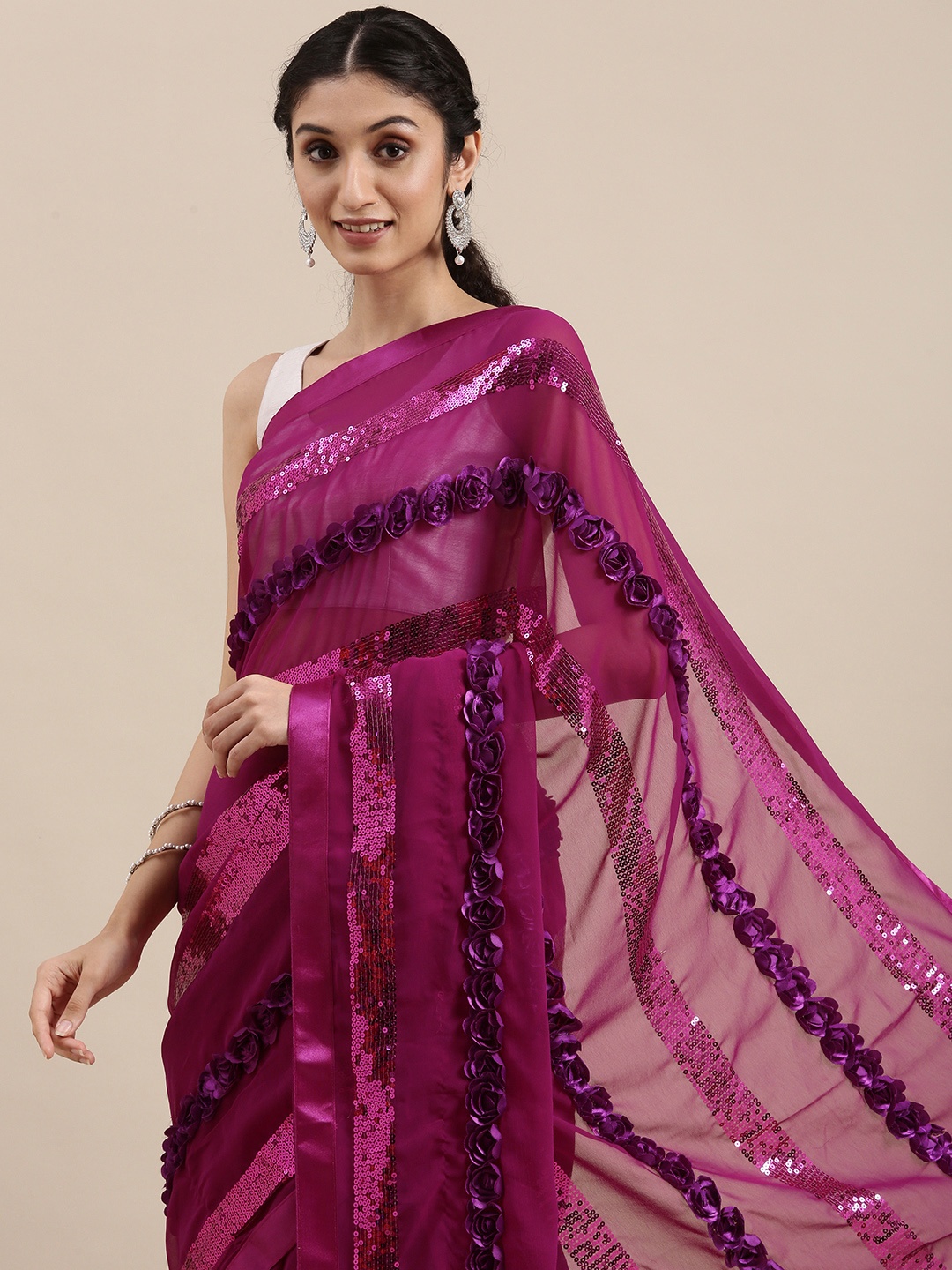 

VASTRANAND Purple Striped Sequinned Floral Applique Saree