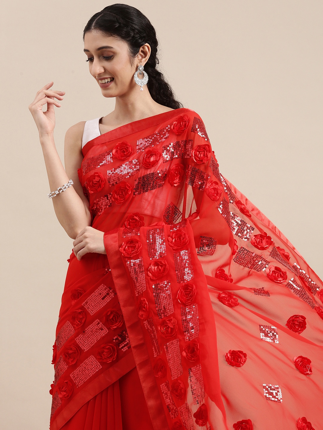 

VASTRANAND Red Striped Sequinned Floral Applique Saree