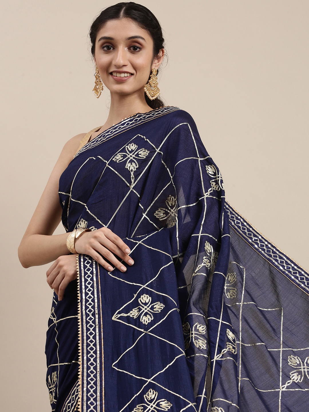 

VASTRANAND Navy Blue & Golden Ethnic Motifs Gotta Patti Art Silk Saree