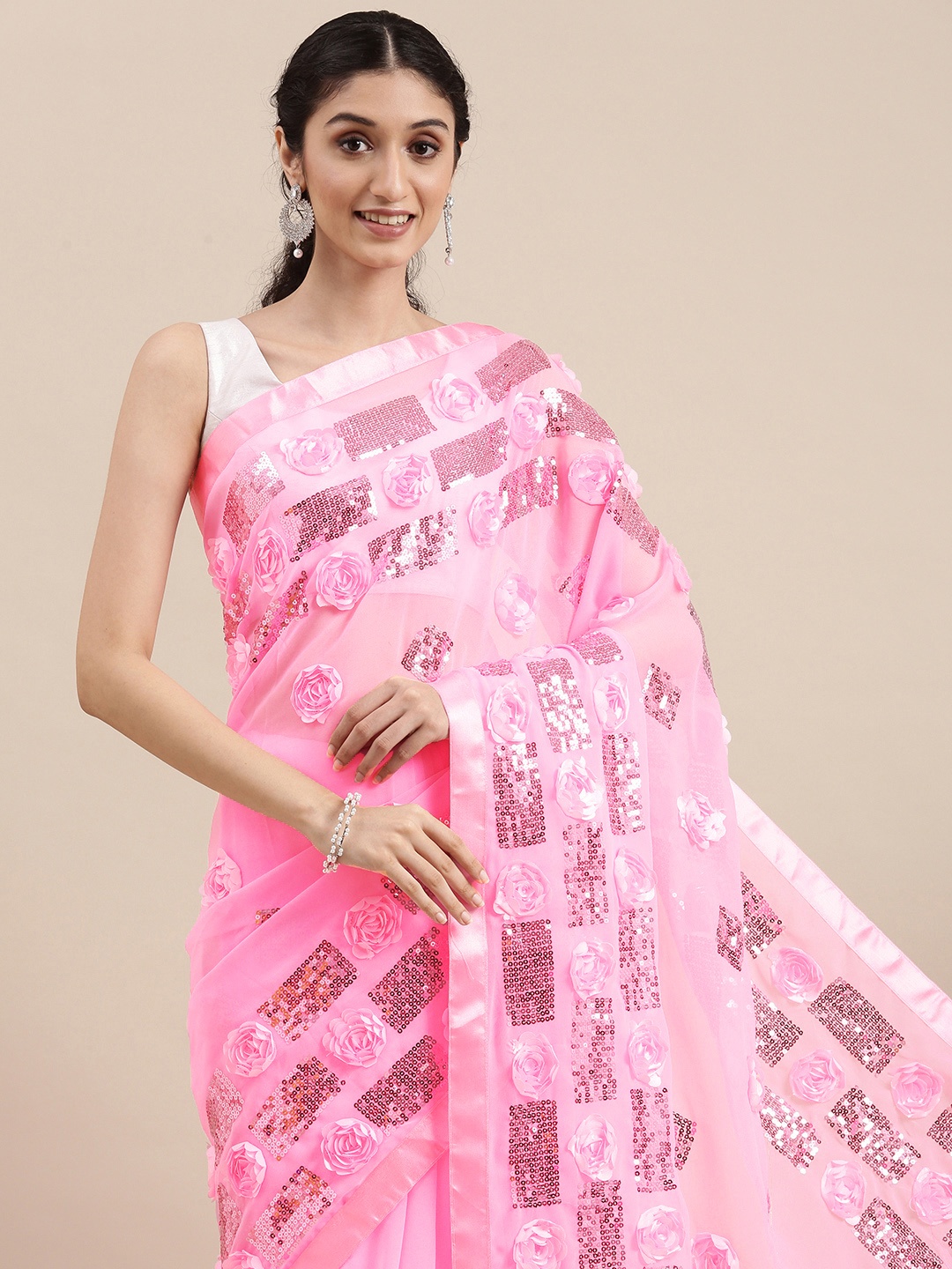 

VASTRANAND Pink Floral Sequinned Saree