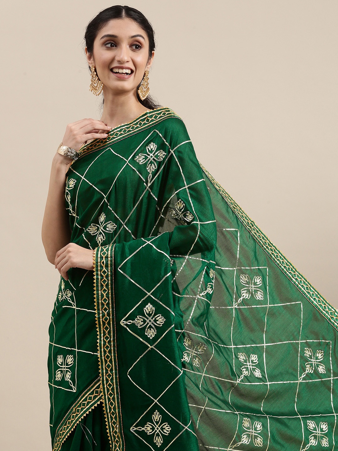 

VASTRANAND Green & Golden Ethnic Motifs Gotta Patti Art Silk Saree