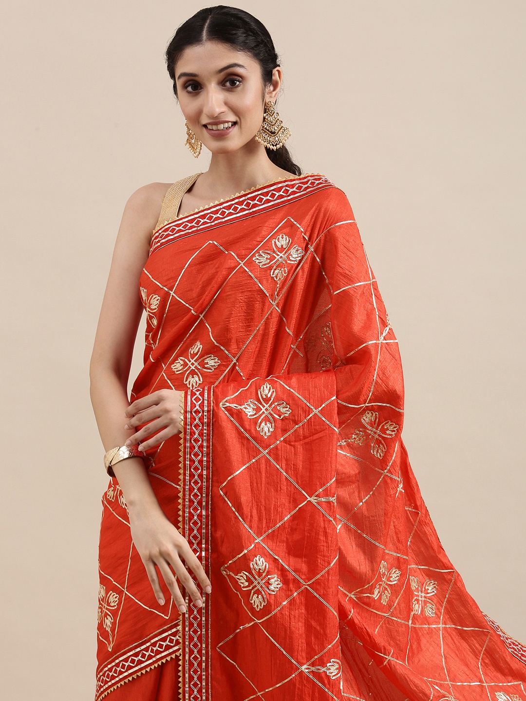 

VASTRANAND Orange & Golden Ethnic Motifs Gotta Patti Art Silk Saree