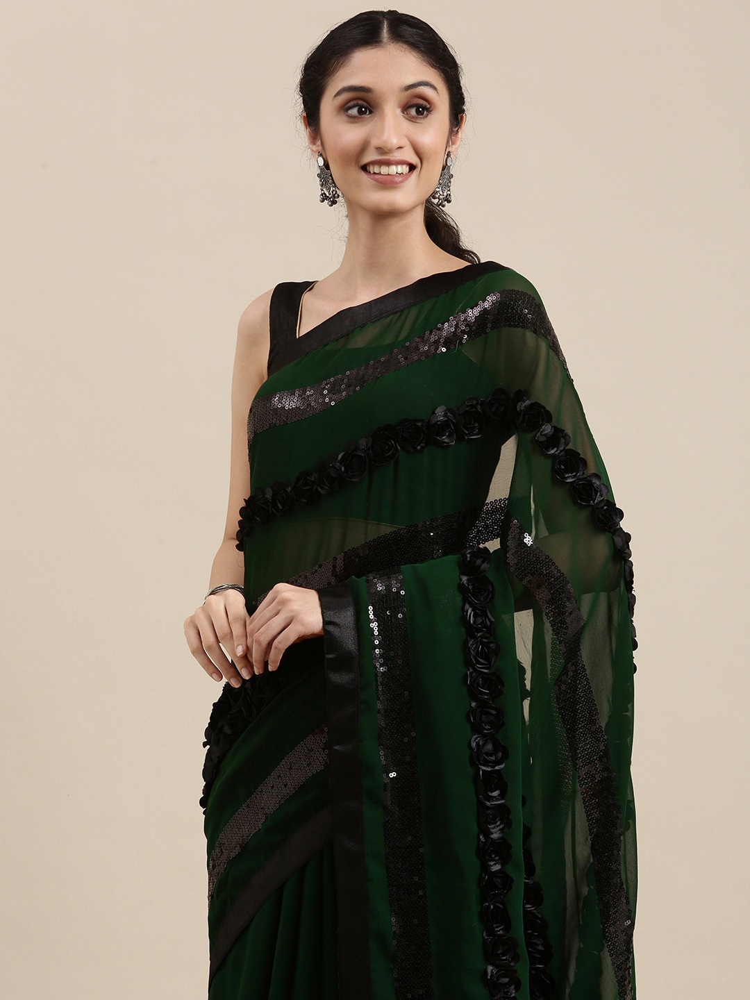 

VASTRANAND Green & Black Striped Sequinned Floral Applique Saree