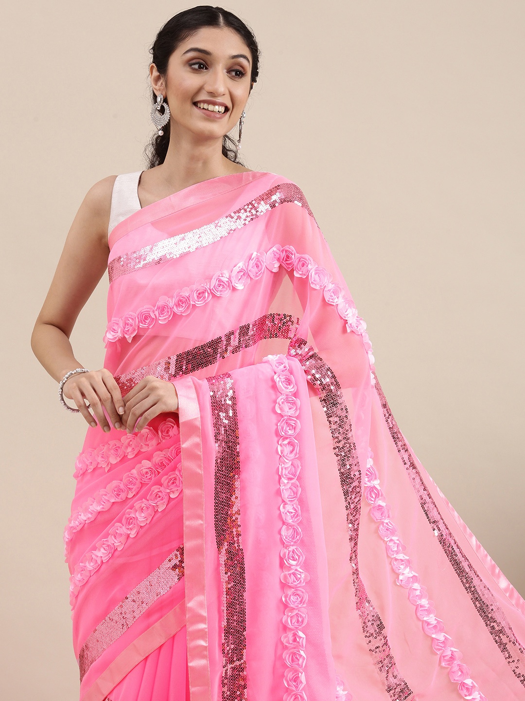 

VASTRANAND Pink Floral Sequinned Saree