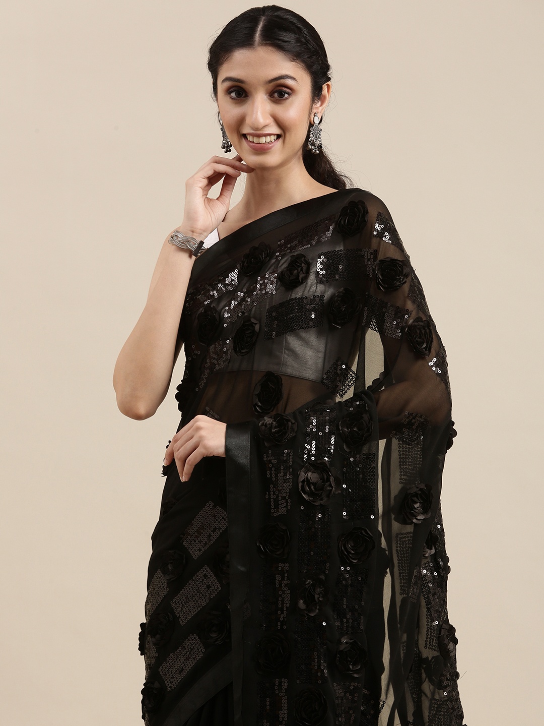 

VASTRANAND Black Ethnic Motifs Sequinned Saree