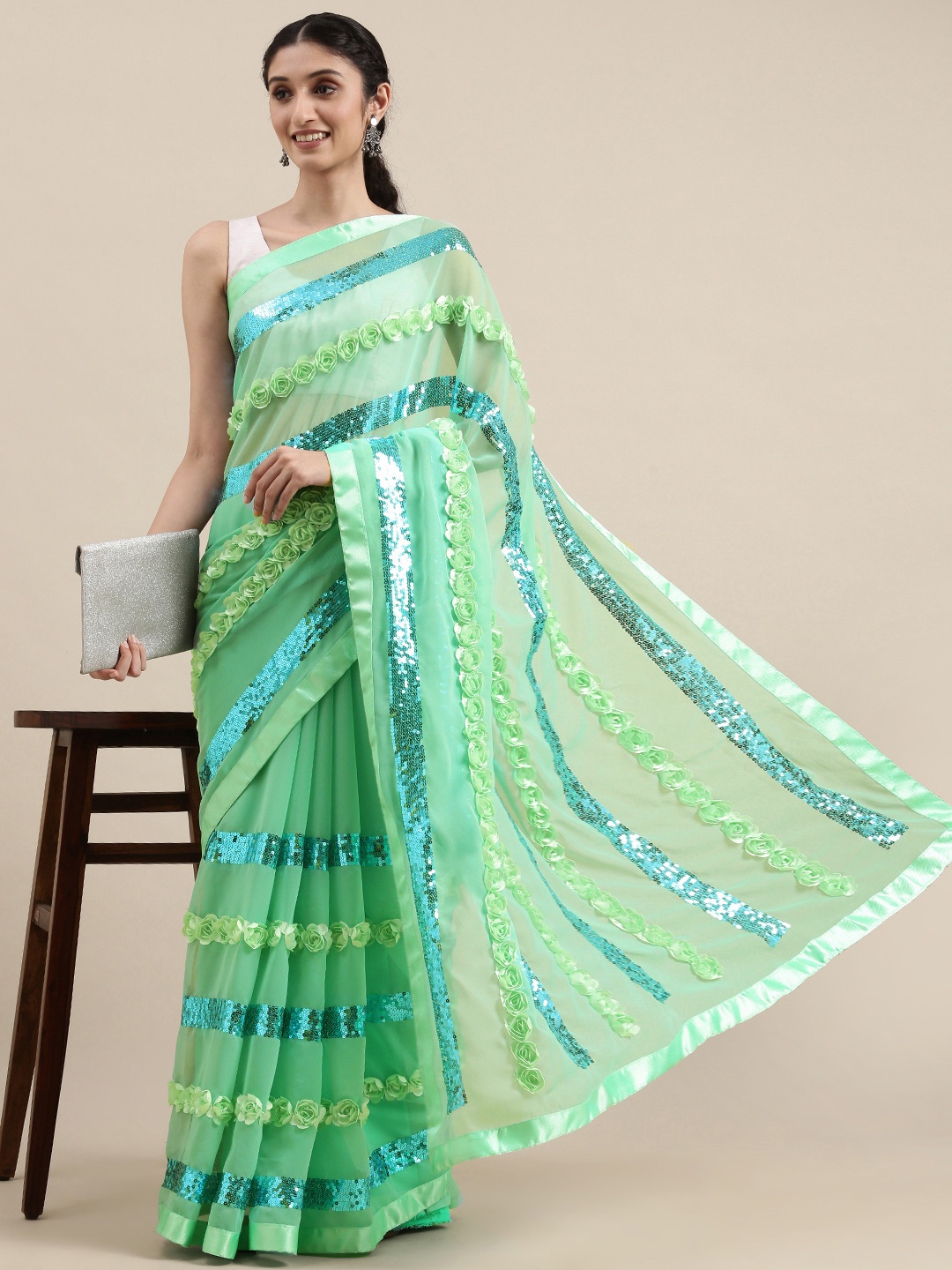 

VASTRANAND Green & Turquoise Blue Striped Sequinned Floral Applique Saree