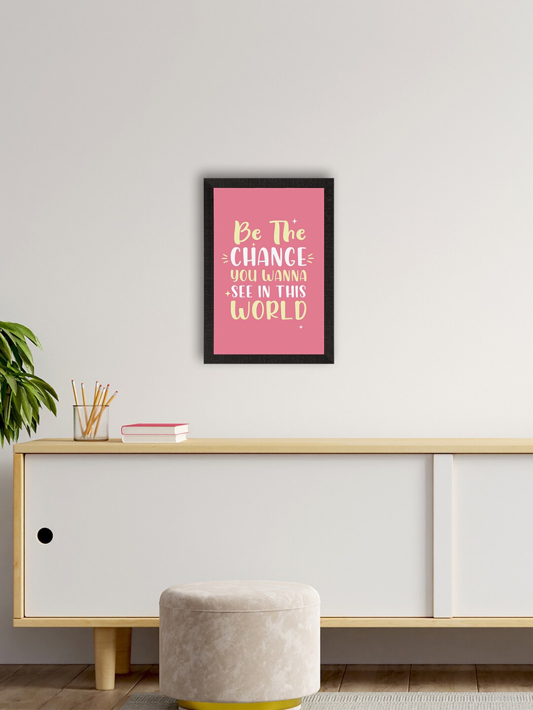 

eCraftIndia White & Pink Be the Change Motivational Quote Satin Matt Texture UV Art Painting