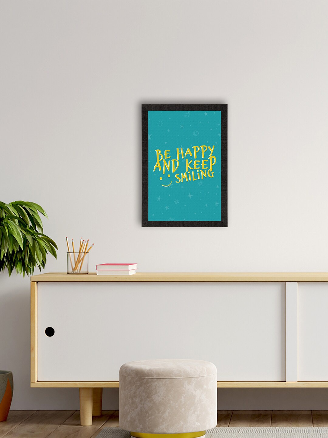 

eCraftIndia Blue & Yellow Be Happy Inspirational Quote Framed Wall Art