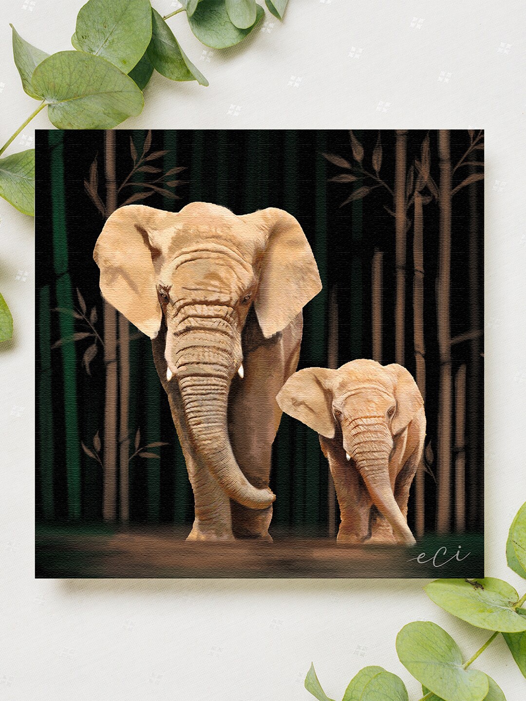 

eCraftIndia Black & Brown Elephant & Baby Elephant Canvas Printed Wall Art