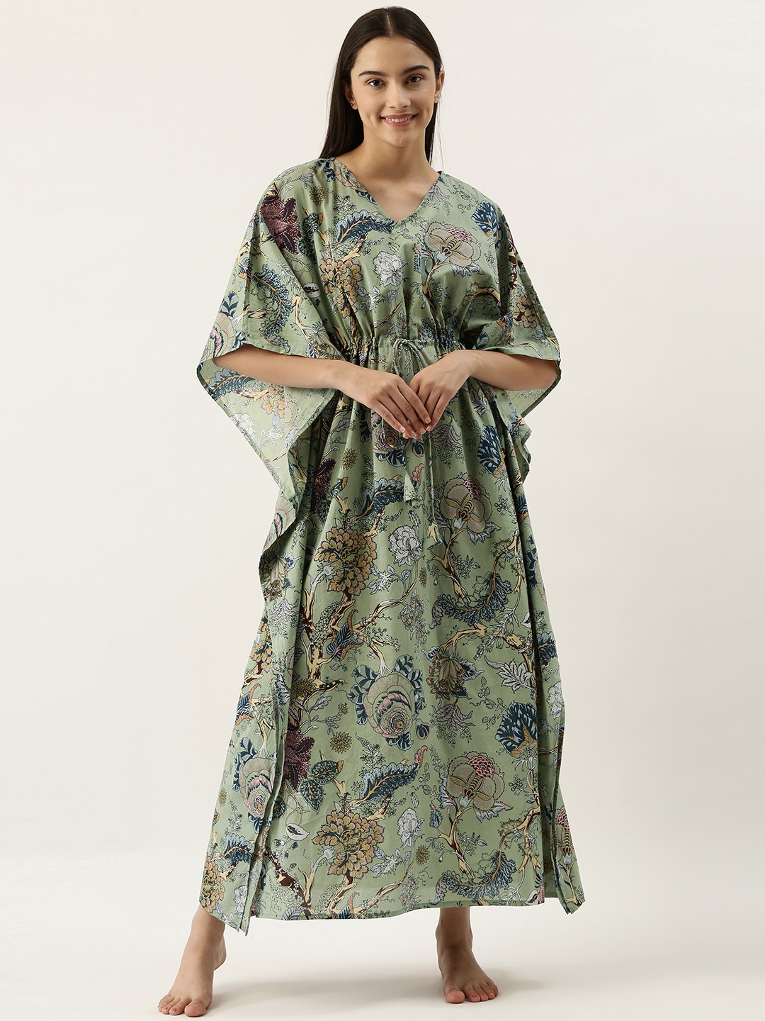 

SANSKRUTIHOMES Green Cotton Printed Maxi Kaftan Nightdress