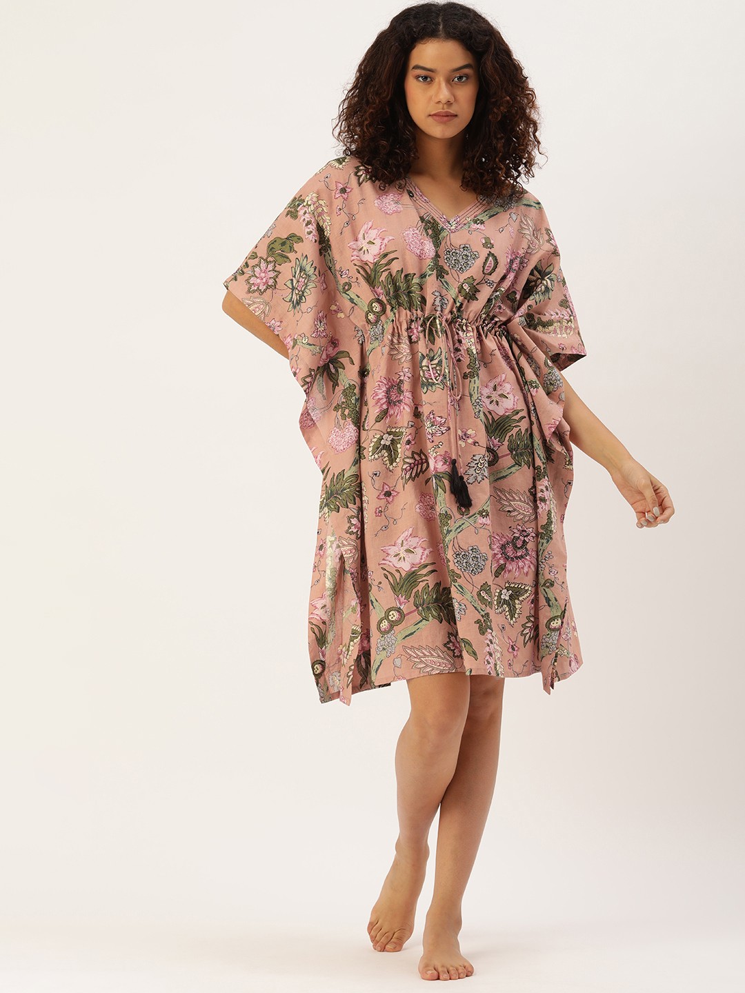 

SANSKRUTIHOMES Women Peach-Coloured & Green Pure Cotton Printed Kaftan Nightdress