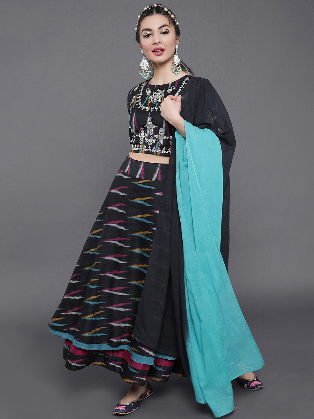 

saubhagya Black & Blue Ikat Woven Design Ready to Wear Cotton Lehenga &Blouse With Dupatta